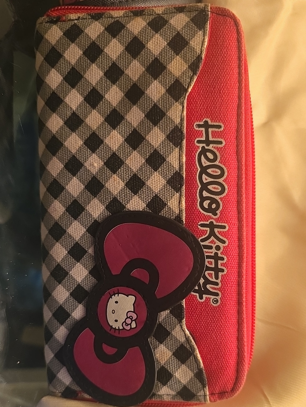Hello Kitty Black & Pink Checkered Pencil Pouch with Bow Accent
